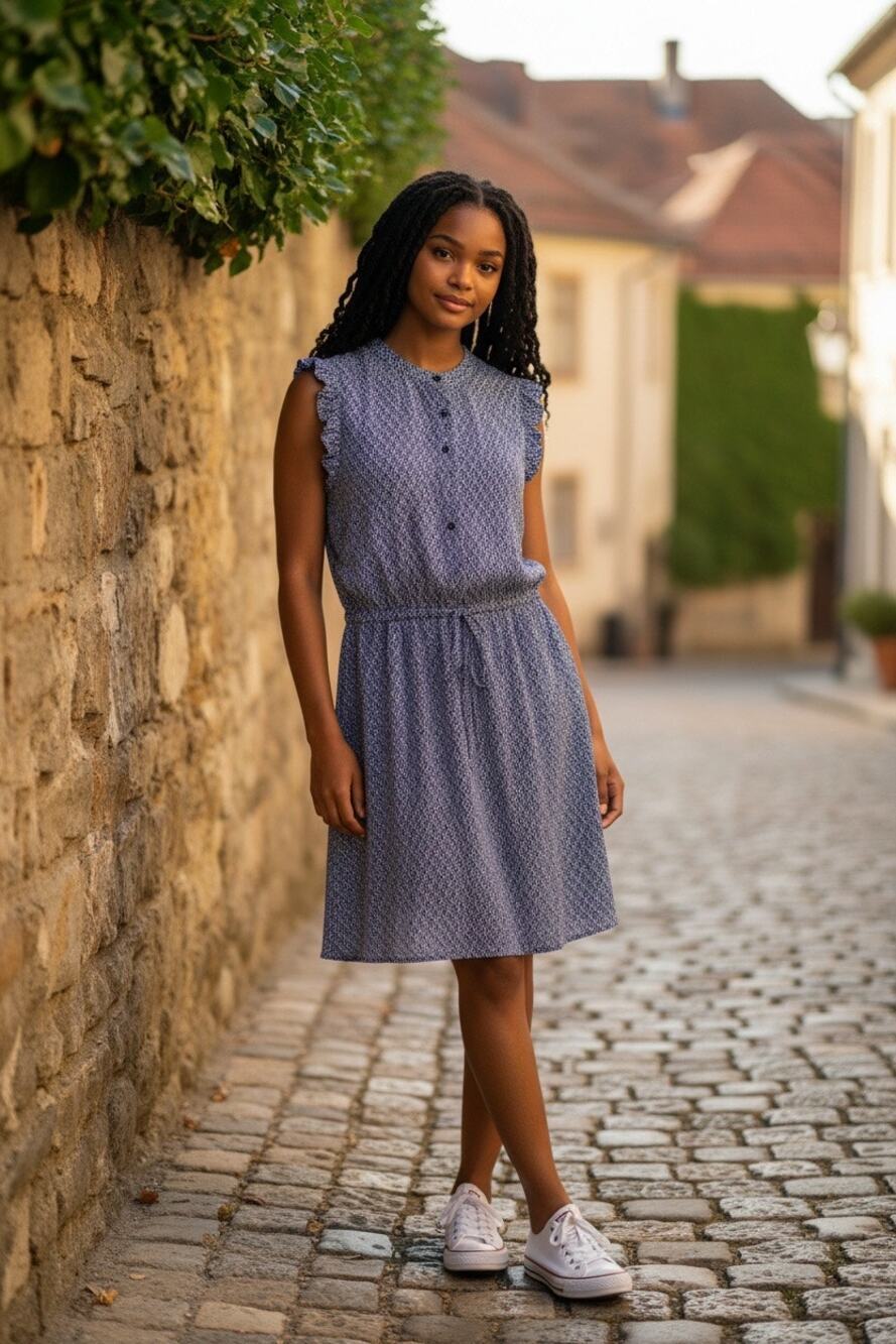 LOFT Blue Geometric Print Tie Waist Dress Women's Large Cap Sleeve Midi